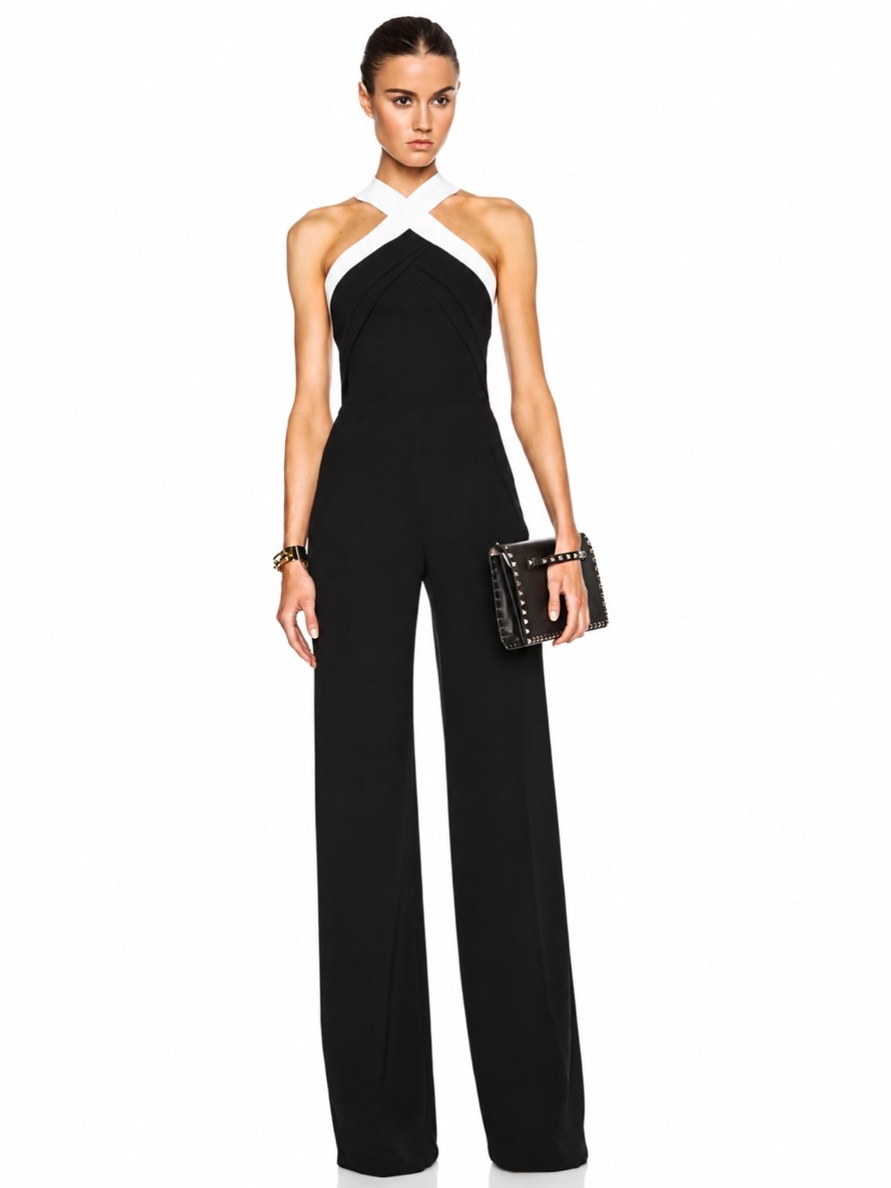 Superdown Revolve Black White Halter Wide Leg Jumpsuit Large NWT